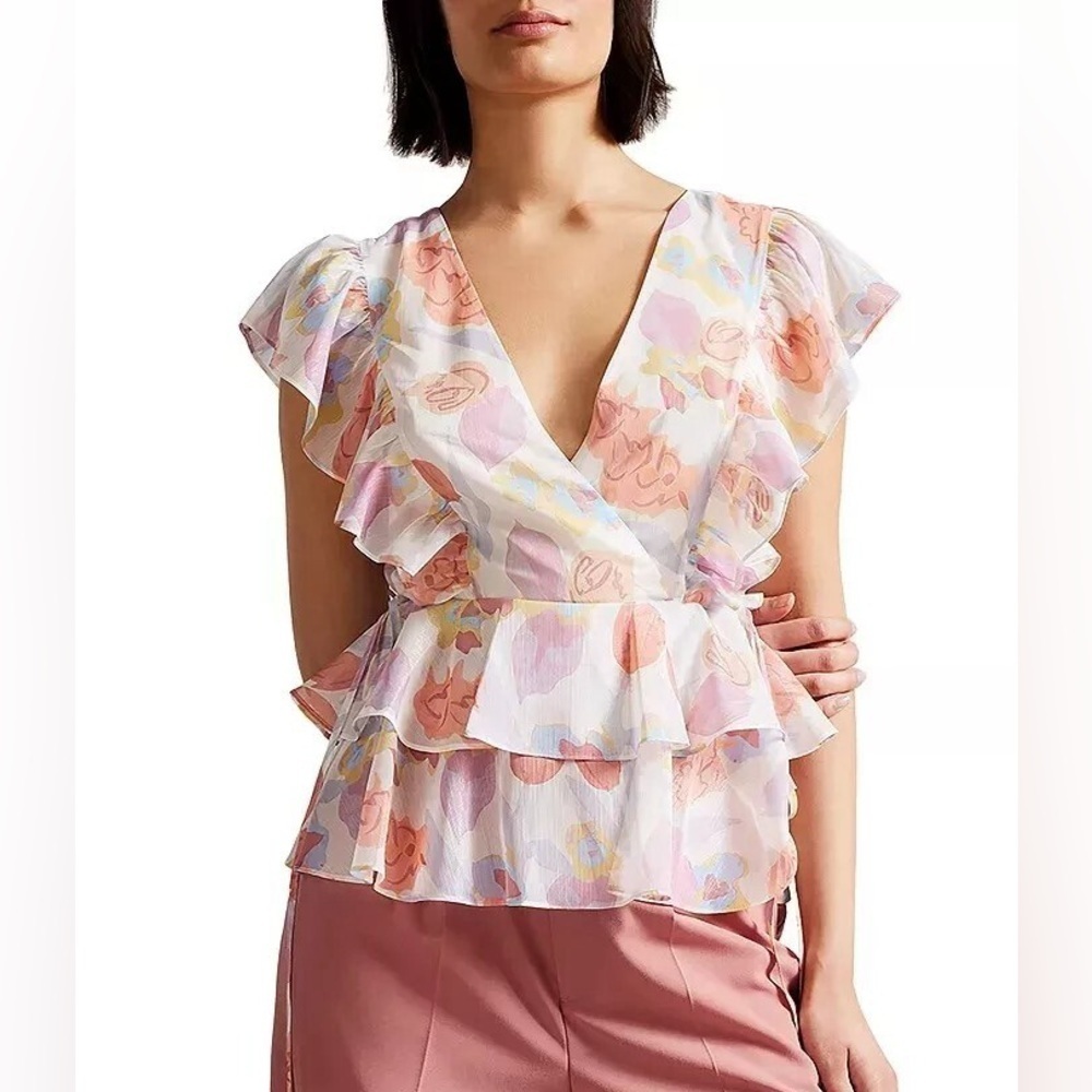 Ted Baker London Flutter Sleeve Peplum Blouse in Orange and Pink size 0